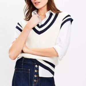 Varsity Sweater Vest S Petite White Navy Ribbed V-Neck Tennis Preppy Oversized